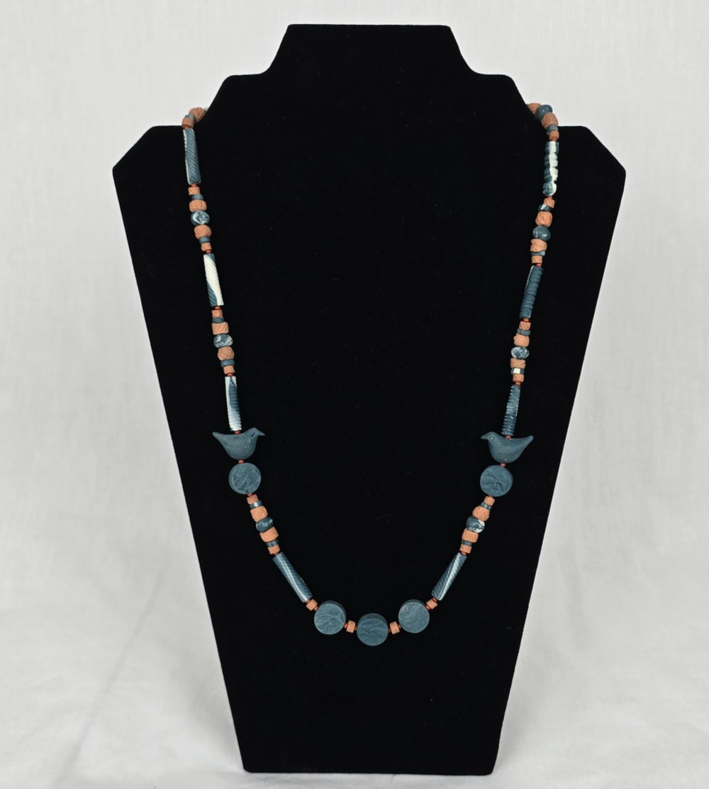 Beaded Stone Bird 24" Necklace Mat Blue, Earth Brown & White